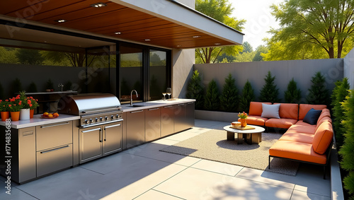 An inviting modern outdoor kitchen and entertainment space featuring a sleek grill island sectional sofa and stylish patio furniture perfect for luxury living and alfresco dining experiences