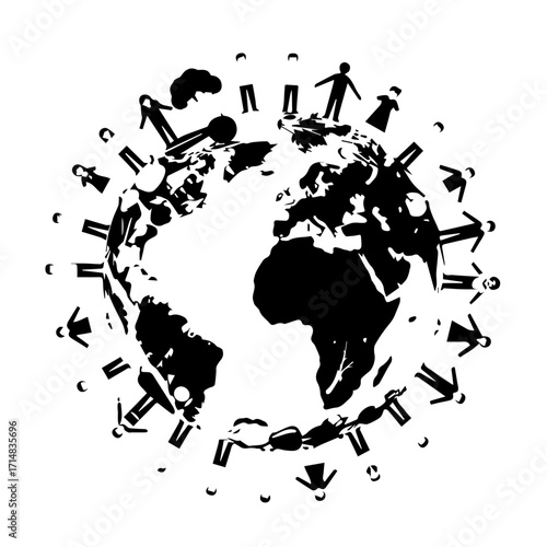 Black and White Earth Surrounded by Silhouetted People, Unity Concept