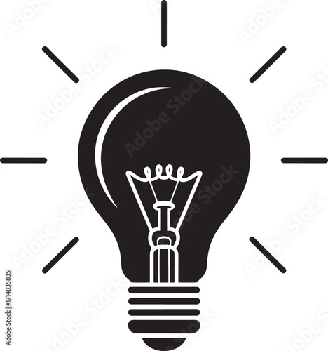 Black Silhouette Light Bulb with Glowing Filament and Rays idea innovation