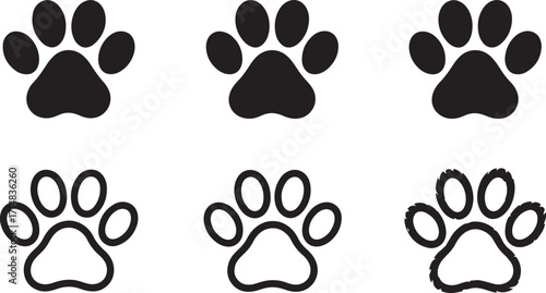 Six Paw Print Icons in Black and White Outline Styles vector illustration