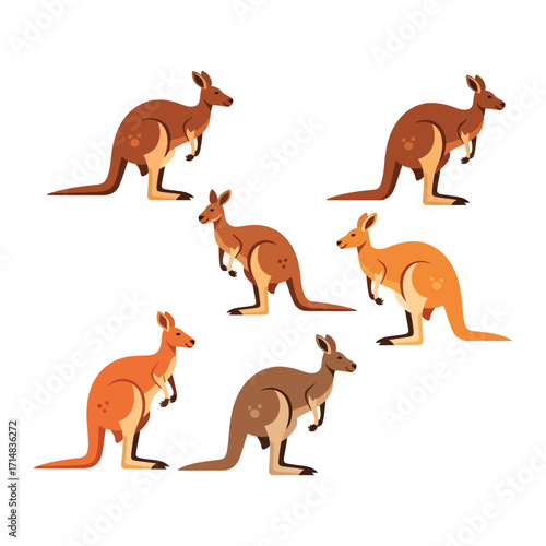 Set of six stylized kangaroo illustrations in various shades of brown and orange