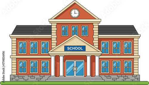 Cartoon school building vector with red brick facade, clock tower, columns, and lawn—ideal for educational and institutional illustrations