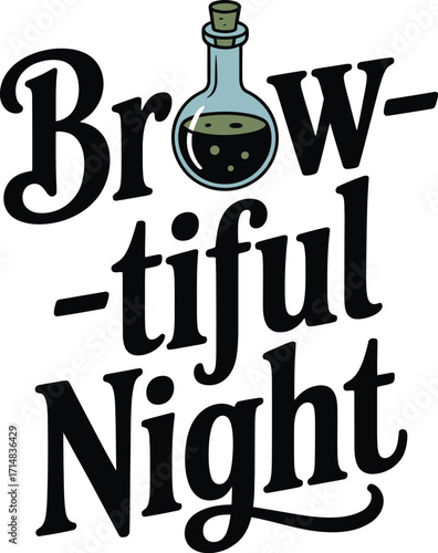 Black text with potion bottle on white background liquid