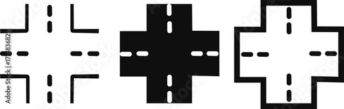 Road icon set, Road isometric intersection element set. Roadway elements isometry vector style. Stylized black road clip art on white background showcasing different perspectives.