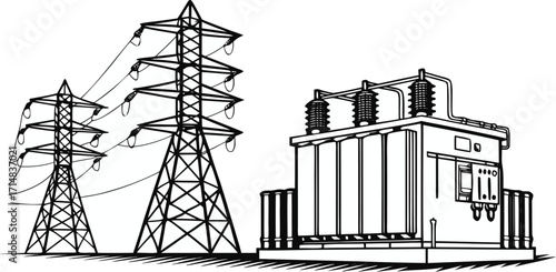 Power line tower, transmission tower with white isolate background, High voltage post or High voltage tower. Vector Illustration Png Background Template.	