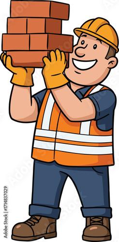 Construction worker carrying bricks, wearing hard hat and safety vest, smiling cartoon character for building, construction, and labor themes