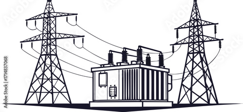 Power line tower, transmission tower with white isolate background, High voltage post or High voltage tower. Vector Illustration Png Background Template.	