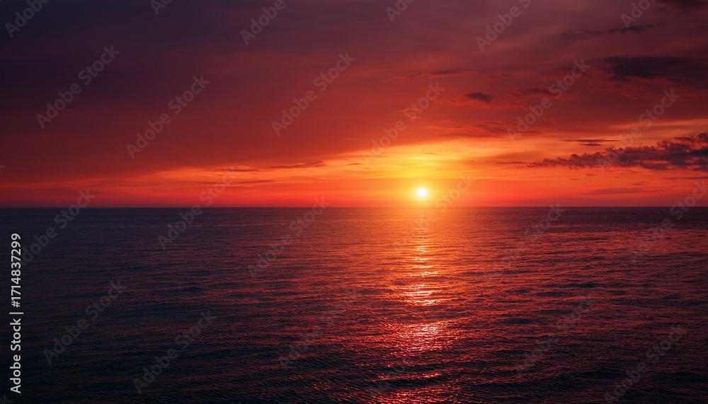 Obraz premium Sunset Ocean Red Horizon Landscape Outdoors Scenery Tranquil Glowing Sun Over Calm Sea