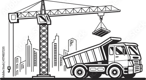 Vector illustration of a construction crane and truck at a tall city building site. The black and white dump truck loading material on a construction site. Black silhouette of a construction site.