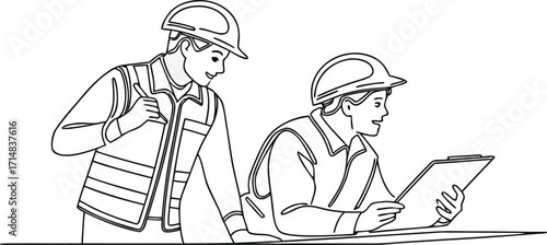 Continuous one line drawing young professionals are discussing team projects on the table. contractor and architect with foreman explaining about building site outline vector isolated illustration png