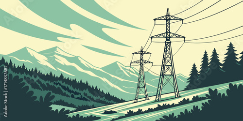 Power line tower, transmission tower with white isolate background, High voltage post or High voltage tower. Vector Illustration Png Background Template.	