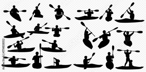 A collection of black silhouettes depicting individuals kayaking and paddling in various dynamic poses.