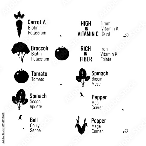 Black and White Illustrations of Various Vegetables with Nutritional Information.