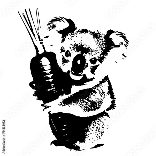 Black and White Koala Holding Carrot, Vector Illustration, Simple Design
