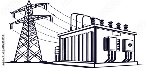 Power line tower, transmission tower with white isolate background, High voltage post or High voltage tower. Vector Illustration Png Background Template.	