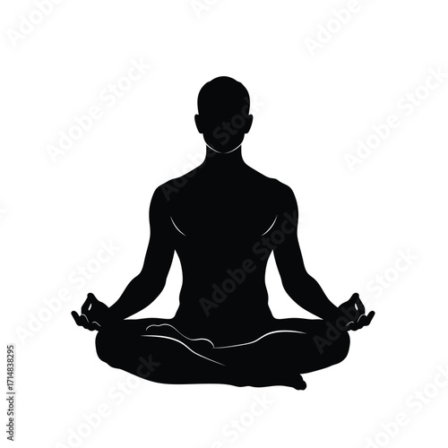 Meditating figure in lotus position against a white background silhouette