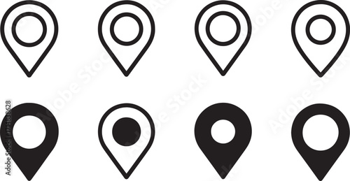Set of Eight Location Pin Icons in Various Styles on White map marker geo tag