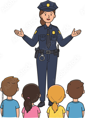Female police officer teaching children, wearing uniform and badge, cartoon illustration for safety education, community outreach, and law enforcement