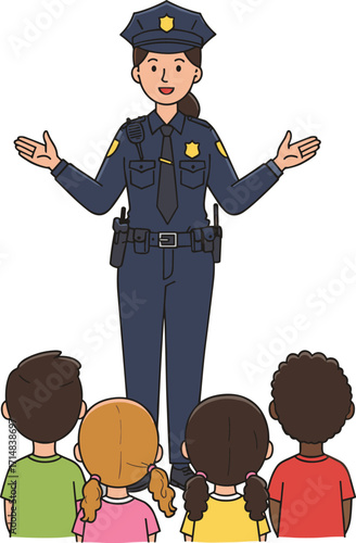 Female police officer teaching children, wearing uniform and badge, cartoon illustration for safety education, community outreach, and law enforcement