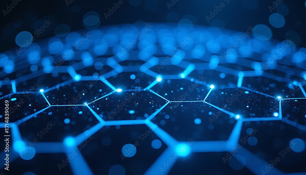 Obraz premium Abstract blue hexagonal grid with glowing lines and bokeh effect