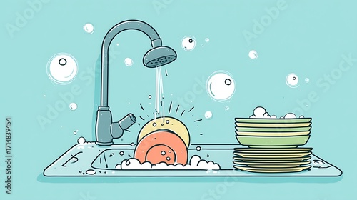 Kitchen Sink Washing Dishes Soap Bubbles Daily Chores Hygiene Illustration