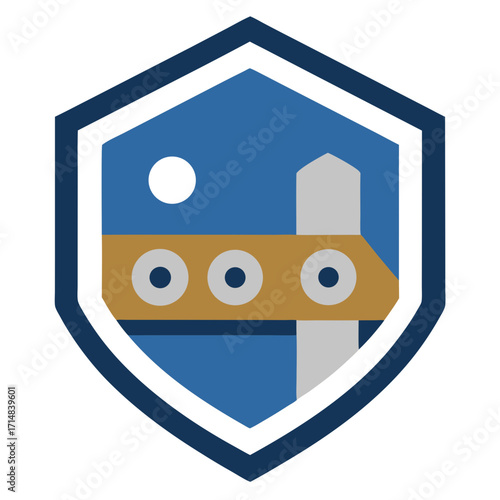 Shield emblem with celestial body and signpost