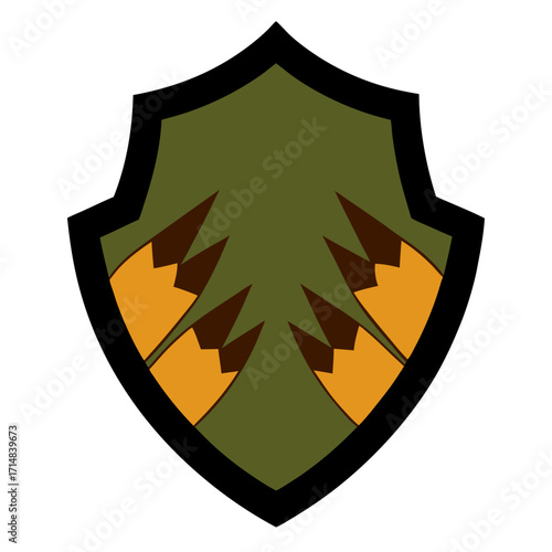 Green shield with orange and brown abstract design