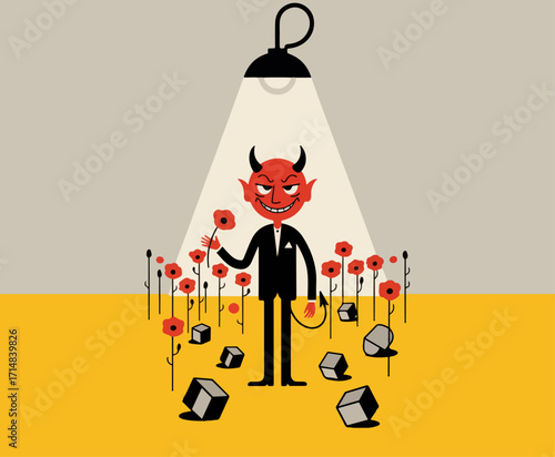 Striking illustration of a crimson-skinned devil with curled horns in a black suit, holding a poppy in a red poppy field. Metallic warped shapes scatter around against a flat grey background.