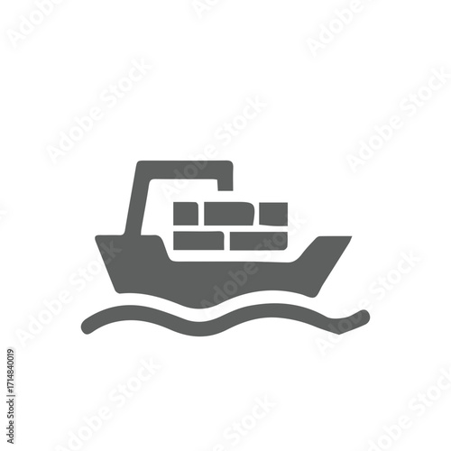 A simple vector icon showing a cargo ship carrying freight on ocean waves. This minimalist symbol represents maritime transport, logistics, and international trade