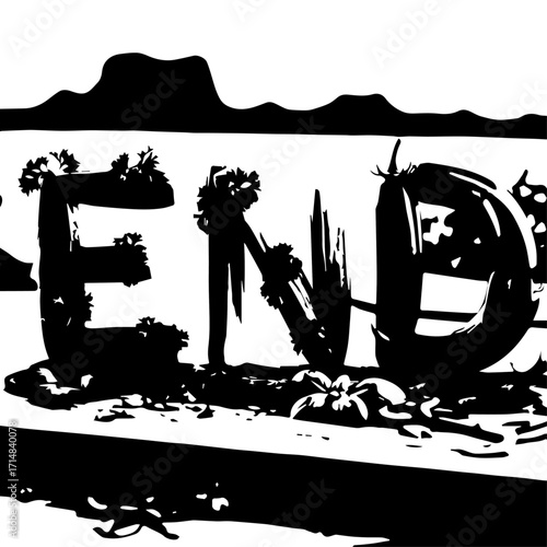 Bold Black "END" Text Adorned with Natural Floral and Plant Elements