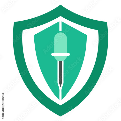 Green shield with pipette icon for science and safety