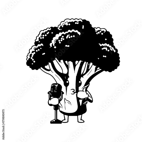 Cartoon Broccoli Character Holding Microphone, Performing Stand-Up Comedy