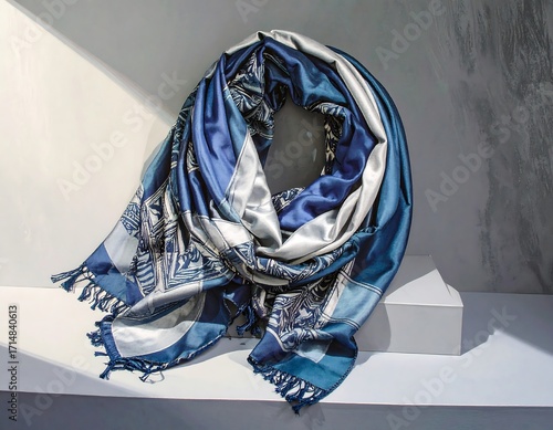 Blue and silver patterned scarf on a white pedestal