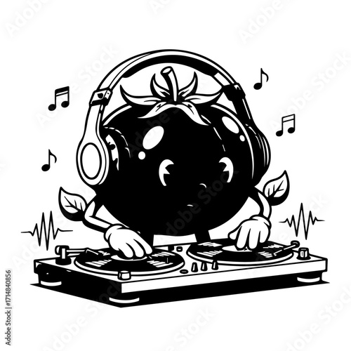 Cartoon Tomato DJ with Headphones Mixing Music on Turntables