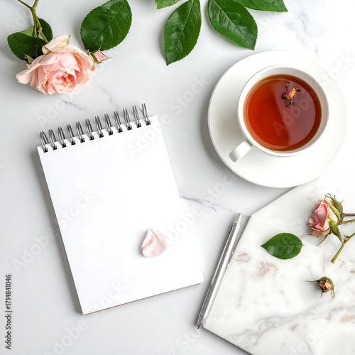 Flat lay of tea, roses, and notebook on marble