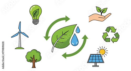 Illustration showing renewable energy sources and environmental conservation symbols in a circular design