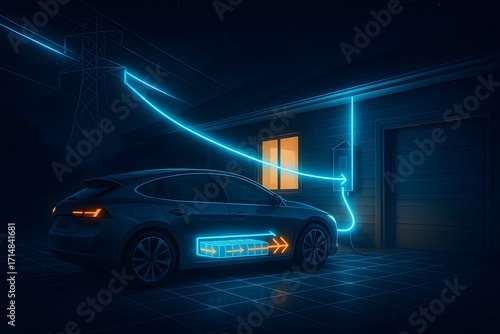 Futuristic EV-to-Grid Power Exchange with Glowing Energy Flow at Night