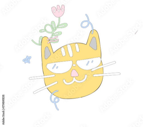 Cartoon Cat with Flower: A whimsical illustration featuring a yellow cartoon cat, adorned with stylish sunglasses and a delicate flower, exudes a sense of playful charm and lighthearted fun. 