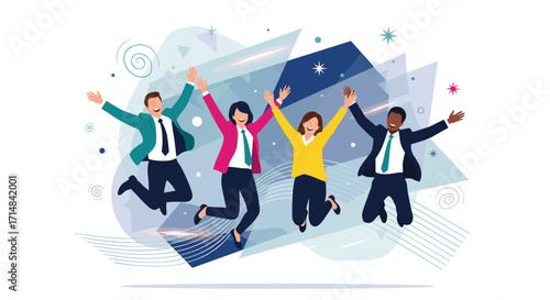 A diverse group of colleagues celebrating success with joyful expressions and energetic jumps during a team building activity.