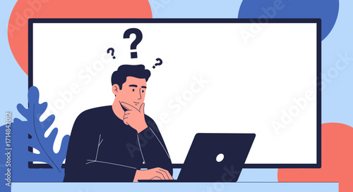 Puzzled man thinking about a difficult problem while working on his laptop and staring at a blank screen.