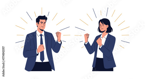 Two confident business professionals celebrating success with clenched fists and radiating energy.