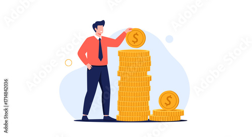 A business person stacking gold coins representing financial growth and wealth accumulation.