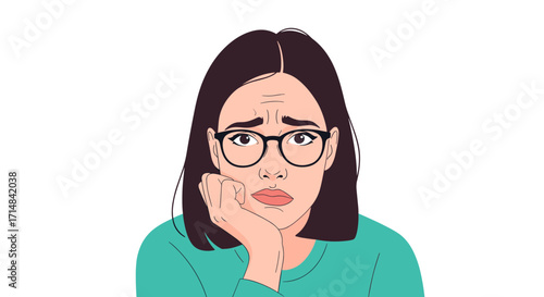 A worried young woman with glasses resting her chin on her hand feels anxious about something.