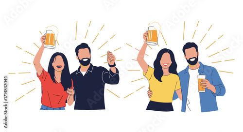 Happy people celebrating with beer in a lively social gathering outdoors.