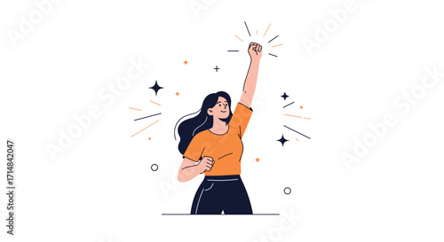 A strong woman raises her fist in the air in celebration and empowerment.