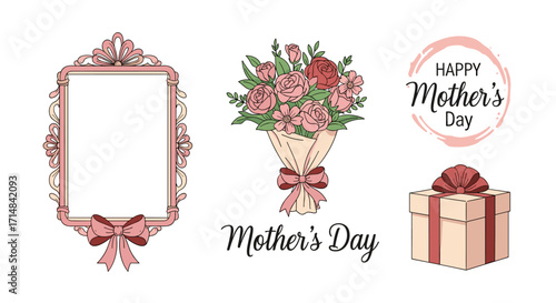 Celebrating mothers with flowers gifts and decorative frames.