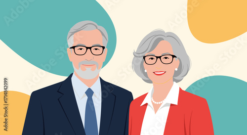 A mature couple looking distinguished and professional in formal attire against a colorful abstract background.