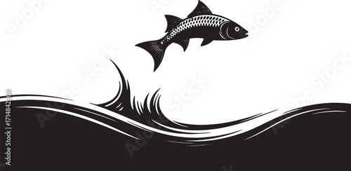 Black fish leaping from stylized black water waves