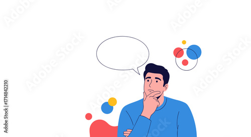 A man thinking about a new idea with colorful bubbles and speech bubble.