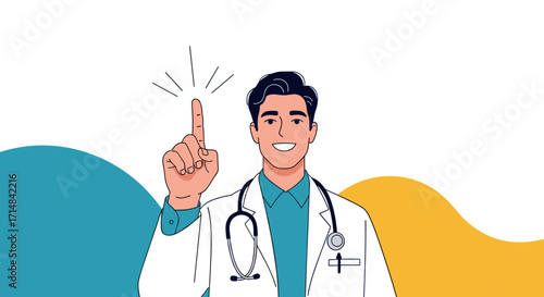 A doctor in a white coat pointing upwards with his index finger to emphasize an important point.